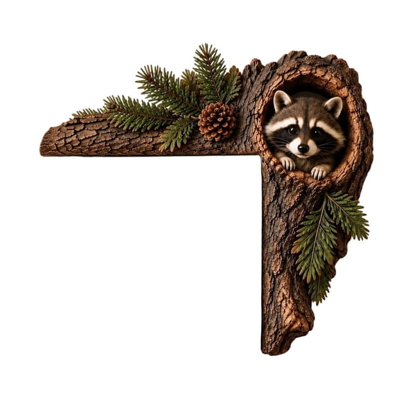 Lucahom Rustic Woodland Raccoon Door Frame Corner Decor, 7.87 Inch Wooden Tree Hollow Animal Sculpture with Pine Needles & Pinecone, Door Topper for Window Frame Home Wall Decoration