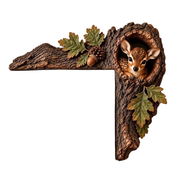 Lucahom Woodland Deer Door Frame Corner Decor, 7.87" Rustic Wooden Tree Hollow Fawn Sculpture with Oak Leaves Acorn Pinecone, Farmhouse Door Topper for Home Window Wall Decoration
