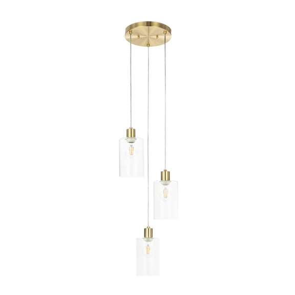 Lucande 12.2 in 3-Light Brass Pendant Light, Ribbed Glass Shades, E26 Classic 3-Light Brass Pendant With Ribbed Clear Glass Shades, for Kitchen Island, Dining & Entryway, 3x E26