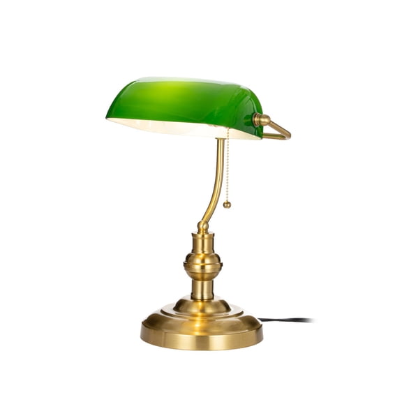 Lucande 15.4 in Vintage Bankers Desk Lamp, Green Glass Shade, Brass, E26 Classic Retro Library Lamp for Home Office Desk, Small Decorative Green Table Lamp with Pull Chain, Bulb Not Included