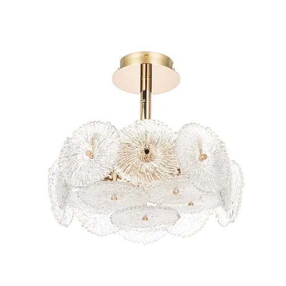 Lucande 15.7 in Gold Semi Flush Ceiling Light, Floral Glass, 6-Light, G9 Clear Glass Flower Ceiling Light with Gold Brass Frame for Bedroom, Hallway & Foyer, 6-Light, Damp Rated, Bulbs Not Included