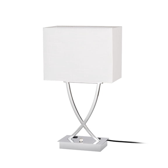 Lucande 21.5 in Dimmable Table Lamp, Chrome, White Fabric Shade, E26 Bedside Nightstand Lamp with Integrated Dimmer for Bedroom & Living Room; Geometric Chrome Base, E26, Bulb Not Included