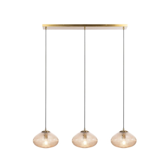 Lucande 39.3 in Brass Linear 3-Light Pendant, Amber Glass, E26 Brass Linear 3-Light Pendant with Textured Amber Glass, E26; Modern Island Light for Kitchen & Dining Room