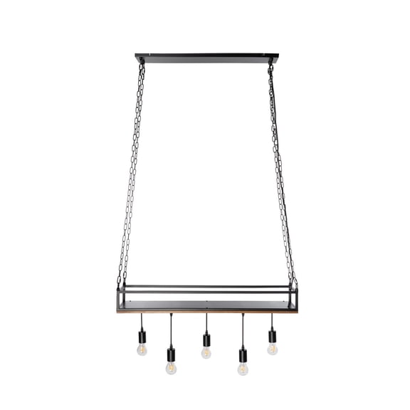 Lucande 39 in 5-Light Wood & Black Pendant, Chain-Hung Shelf, E26 Farmhouse Dining Room Light Fixture, Kitchen Island Lighting, Industrial Hanging Light