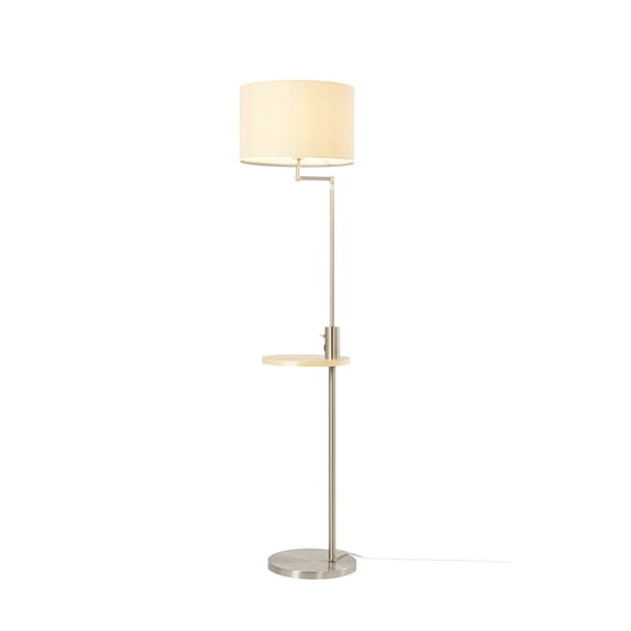 Lucande 63 in Floor Lamp with Swing Arm, Shelf & USB Port, Nickel, E26 Modern Tall Standing Lamp with Adjustable Stem, Wood Shelf & USB Charging Port, White Fabric Shade for Living Room & Bedroom