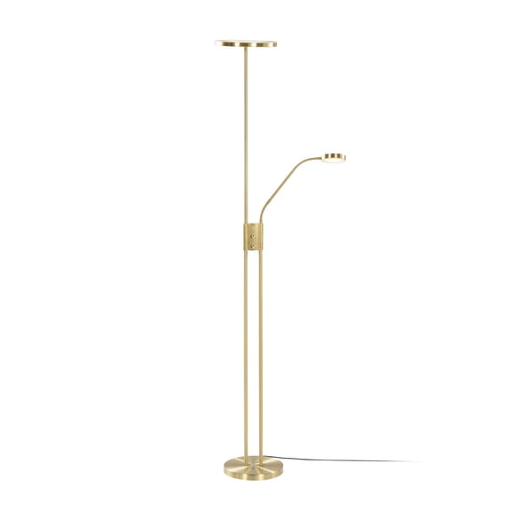 Lucande 70.9 in LED Floor Lamp, Brass Torchiere, Reading Light, Dimmable Integrated 1400 Lumen LED Uplight with Reading Arm for Living Room, Bedroom & Nook, Built-In Dimmer, Tall Standing Lamp