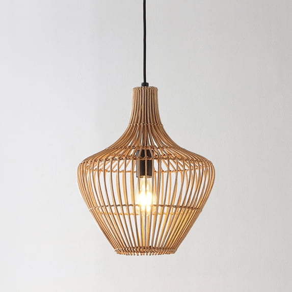 JONATHAN Y Lucas 13" 1-Light Farmhouse Coastal Rattan 180" Cord Plug-In or Hardwired LED Pendant, Brown