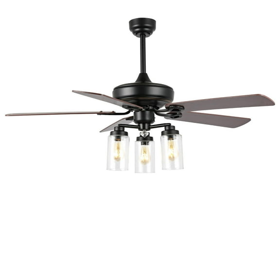 JONATHAN Y Lucas 52" 3-Light Rustic Industrial Iron/Wood/Seeded Glass Mobile-App/Remote-Controlled LED Ceiling Fan, Black/Clear