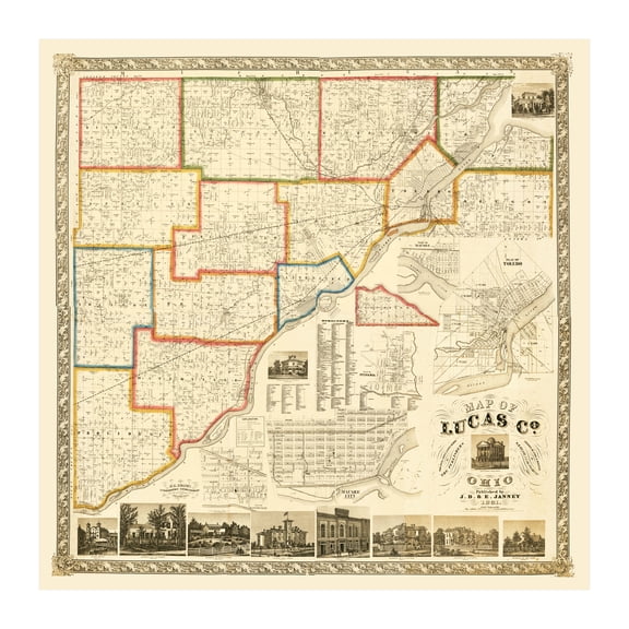 Lucas County Ohio Art, 1861 Vintage Map of Lucas County OH History Wall Decor Gift, Old Lucas County OH Map - 30" x 30" Unframed Print