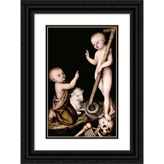 Lucas Cranach the Elder 17x24 Black Ornate Framed Double Matted Museum Art Print Titled: Adoration of the Child Jesus by St John the Baptist (Between 1530 and 1540)