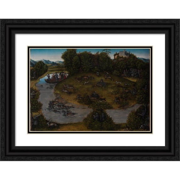 Lucas Cranach the Elder 24x18 Black Ornate Framed Double Matted Museum Art Print Titled: The Stag Hunt of the Elector Frederic the Wise (1463-1525) of Saxony