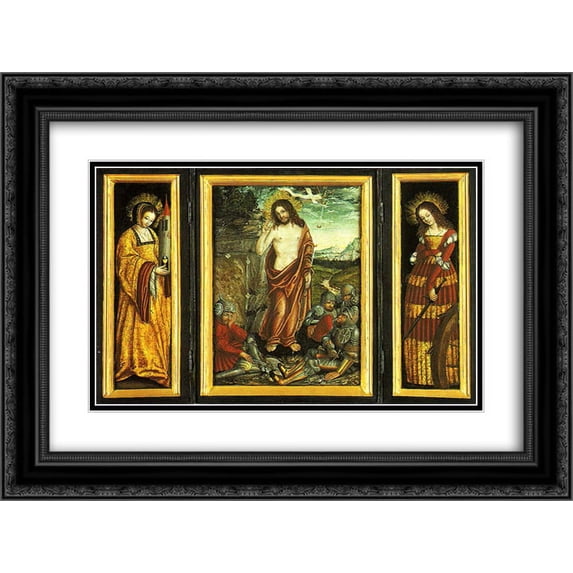 Lucas Cranach the Elder 2x Matted 24x20 Black Ornate Framed Art Print 'Small winged altar with the Resurrection of Christ, St. Barbara (Left Wing) and St. Catharine (right Wing)'