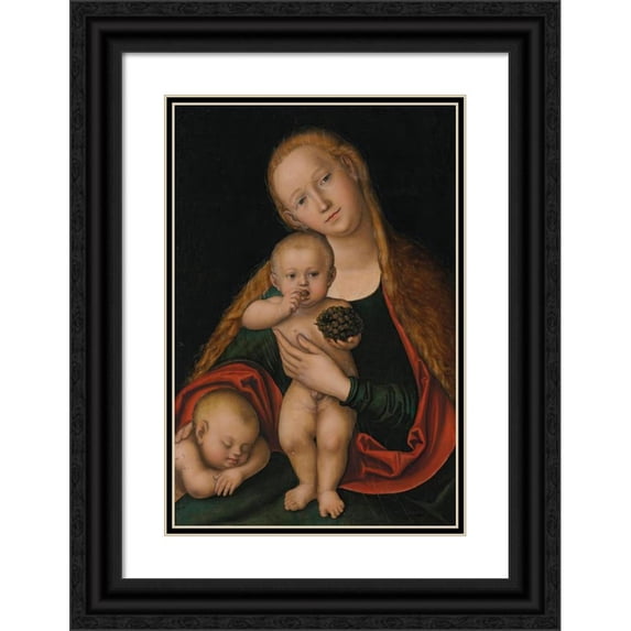 Lucas Cranach the Younger 13x18 Black Ornate Wood Framed Double Matted Museum Art Print Titled - The Virgin and Child with Infant Saint John the Baptist Sleeping