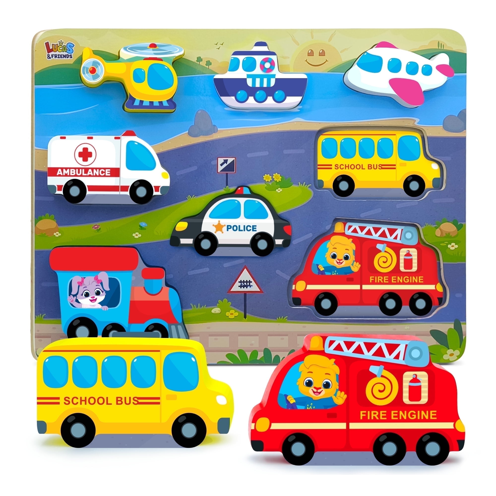 Lucas & Friends Jumbo Wooden Vehicle Puzzles Toys for Toddlers 2-4, Montessori Puzzle Board