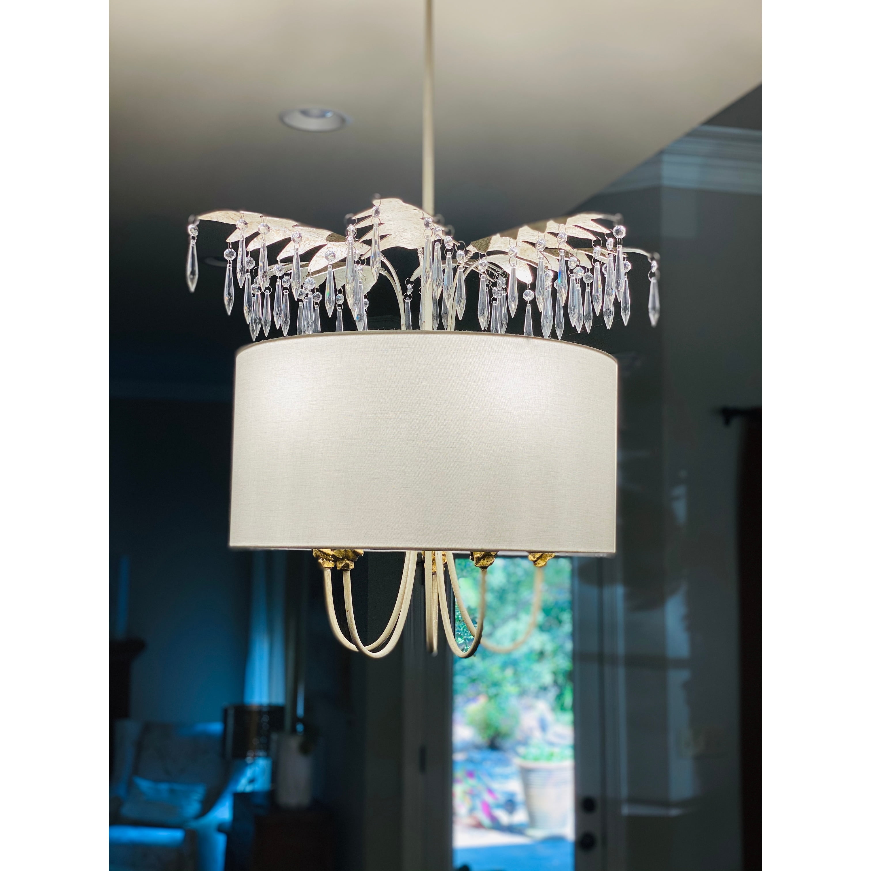 Antoinette Cream Linen and Glass 5-Light Drum Pendant with Distressed Gold and Silver Accents