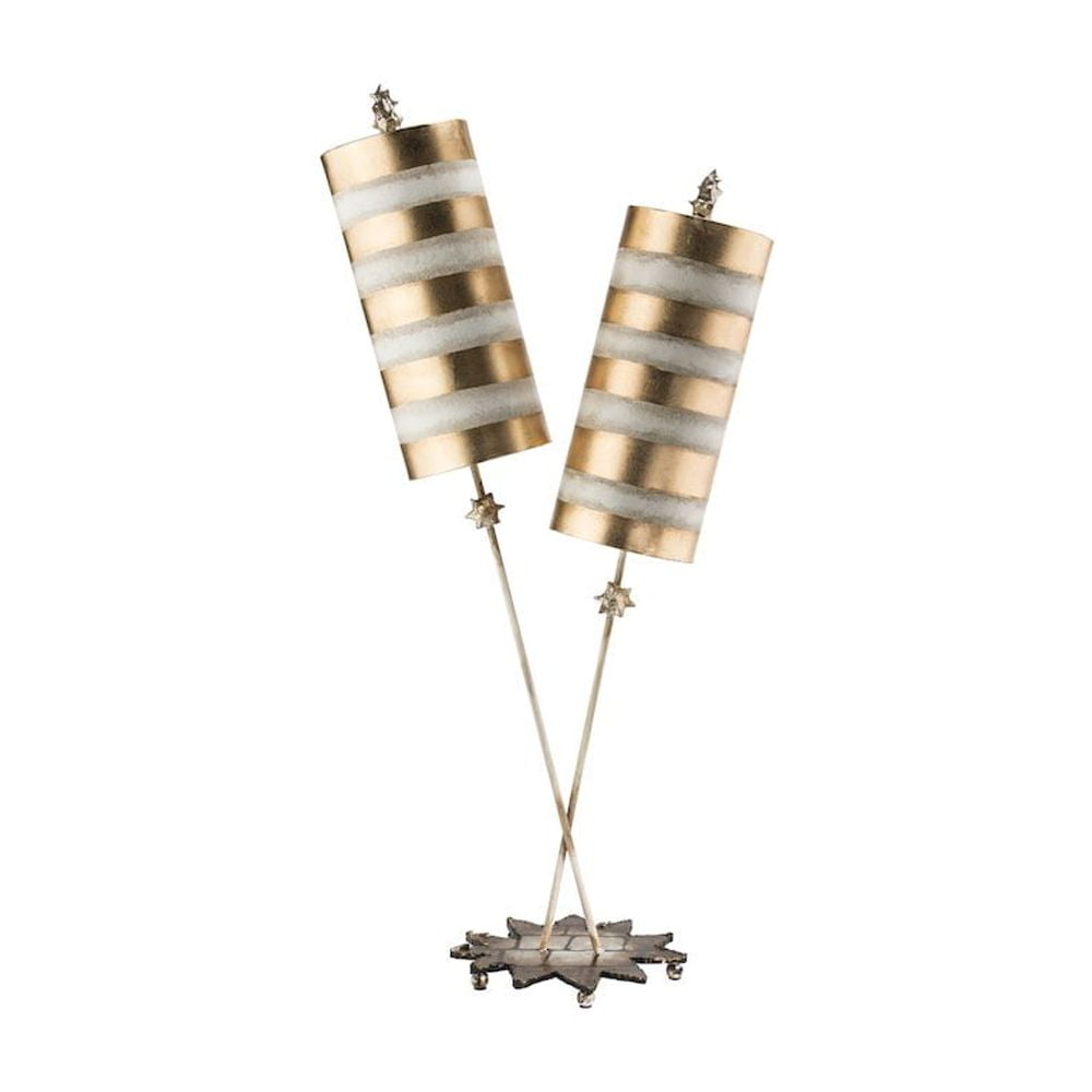 Whimsical Gold Leaf and Taupe Striped 2-Light Table Lamp