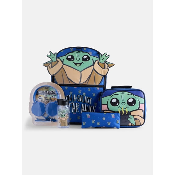 Star Wars Mandalorian 17" Boys Backpack Set with Lunch Box, Headphones, Water Bottle, Pencil Pouch and Keychain, 6-Piece, Blue