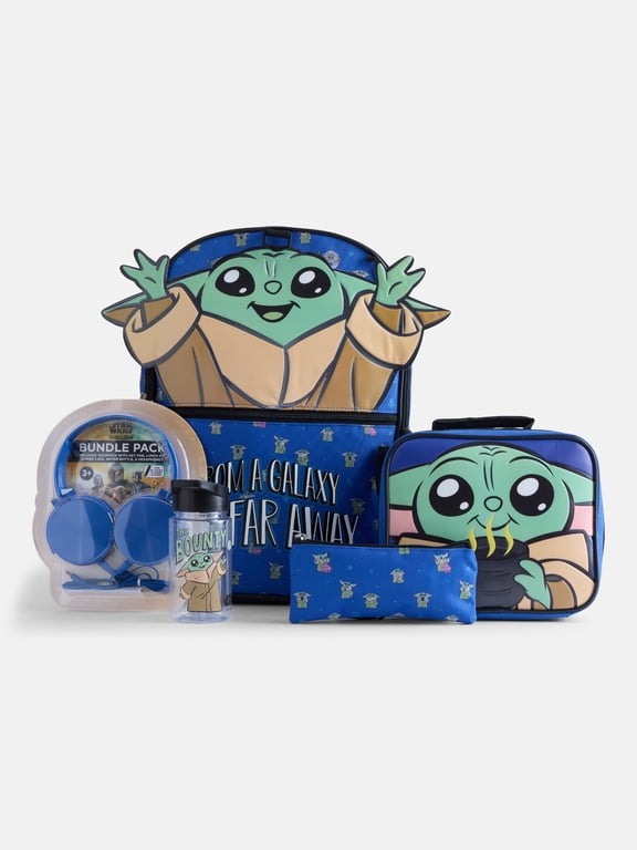 Star Wars Mandalorian 17" Boys Backpack Set with Lunch Box, Headphones, Water Bottle, Pencil Pouch and Keychain, 6-Piece, Blue