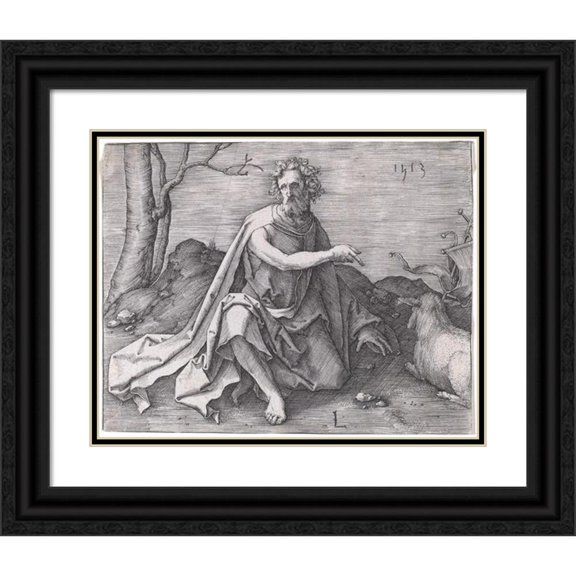 Lucas Van Leyden 24x20 Black Ornate Framed Double Matted Museum Art Print Titled: Saint John the Baptist in the Desert (1513)