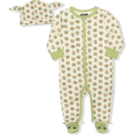 Lucasfilm Boy's The Mandalorian The Child Footed Coverall Bodysuit Onesie with Hat Set