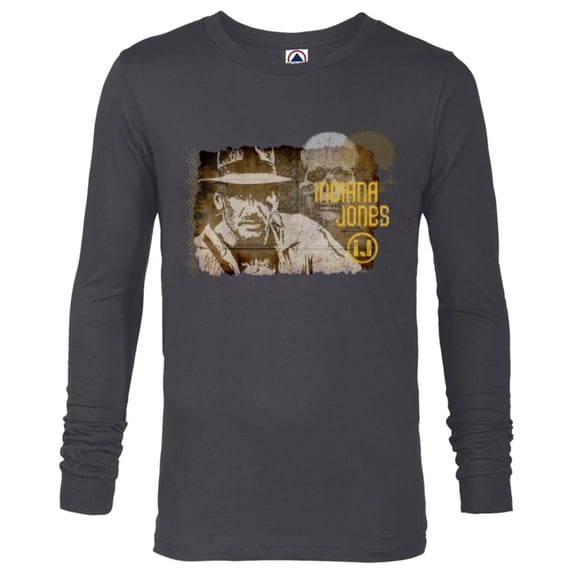 Lucasfilm Indiana Jones Vintage Map and Skull - Long Sleeve T-Shirt for Men - Customized-Charcoal Heather