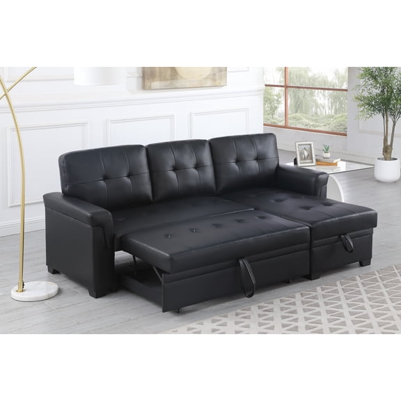 Lucca 84"W Black Vegan Leather Modern Reversible Sleeper Sectional Modern Style, Storage, for Outdoor