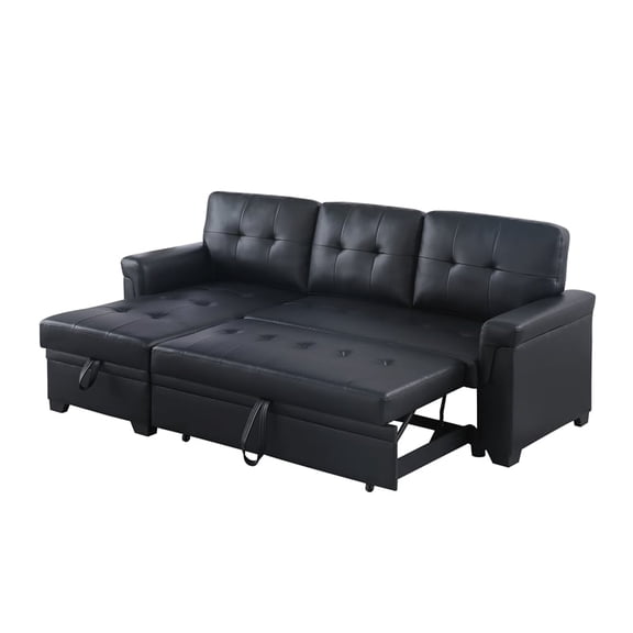 Lucca 84" Black Vegan Faux Leather Reversible Sleeper Sofa with Storage Chaise