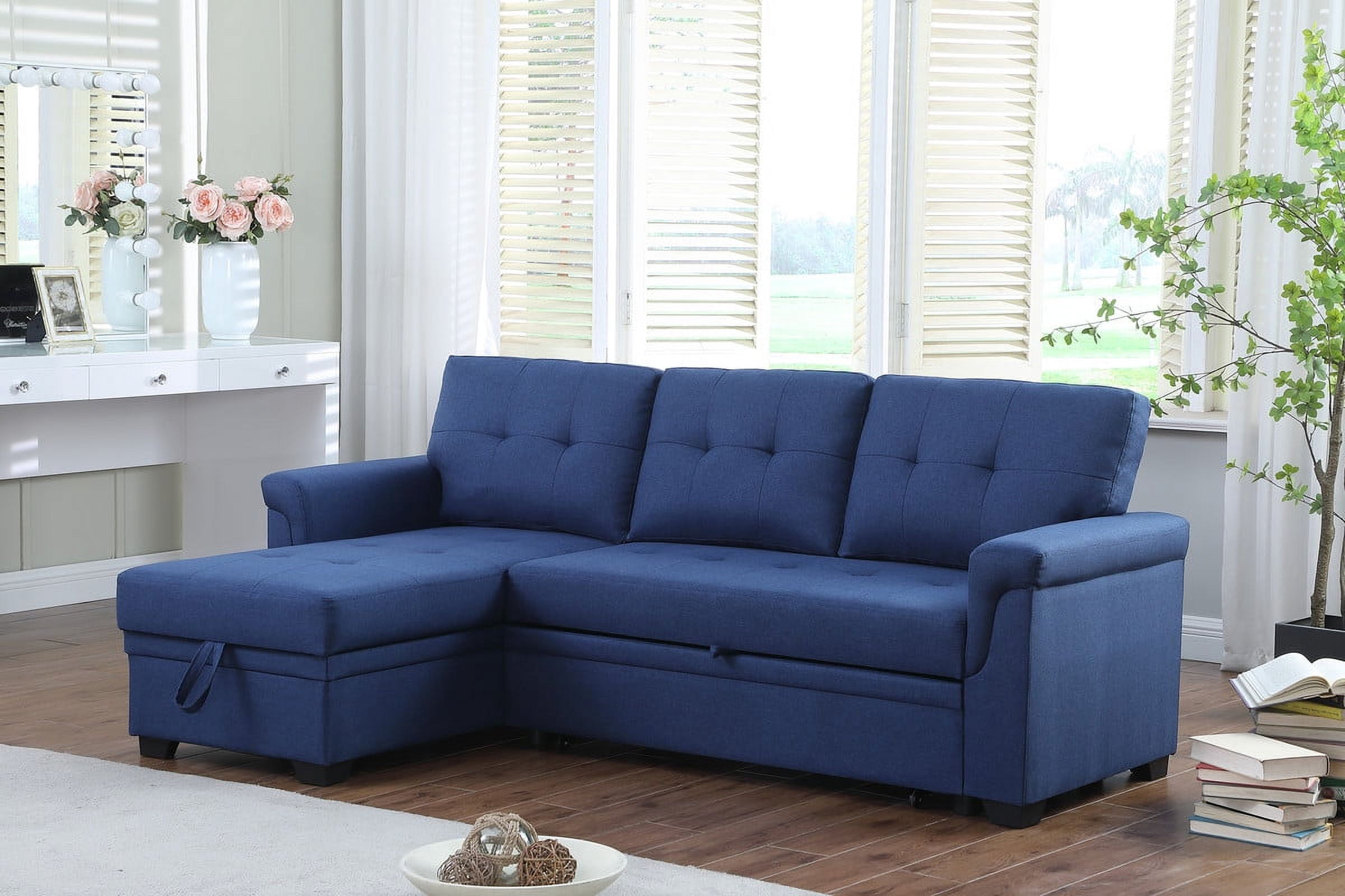 Lucca Blue Linen Reversible Sleeper Sectional Sofa with Storage Chaise ...