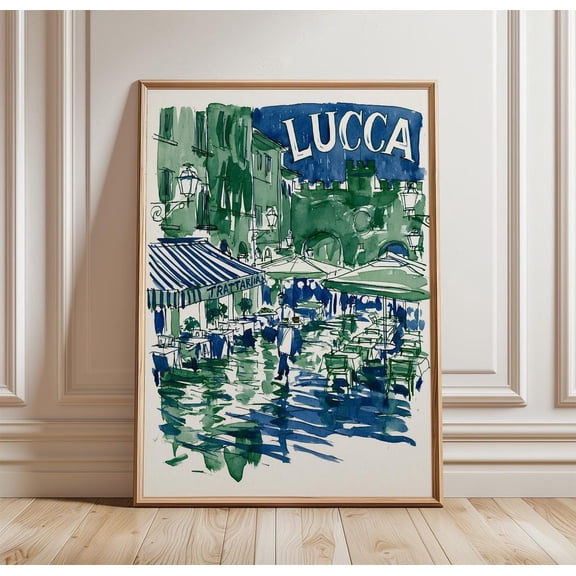 Lucca Cafe Green Blue Italy Print Tuscan Wall Art, Unframed Paper Print