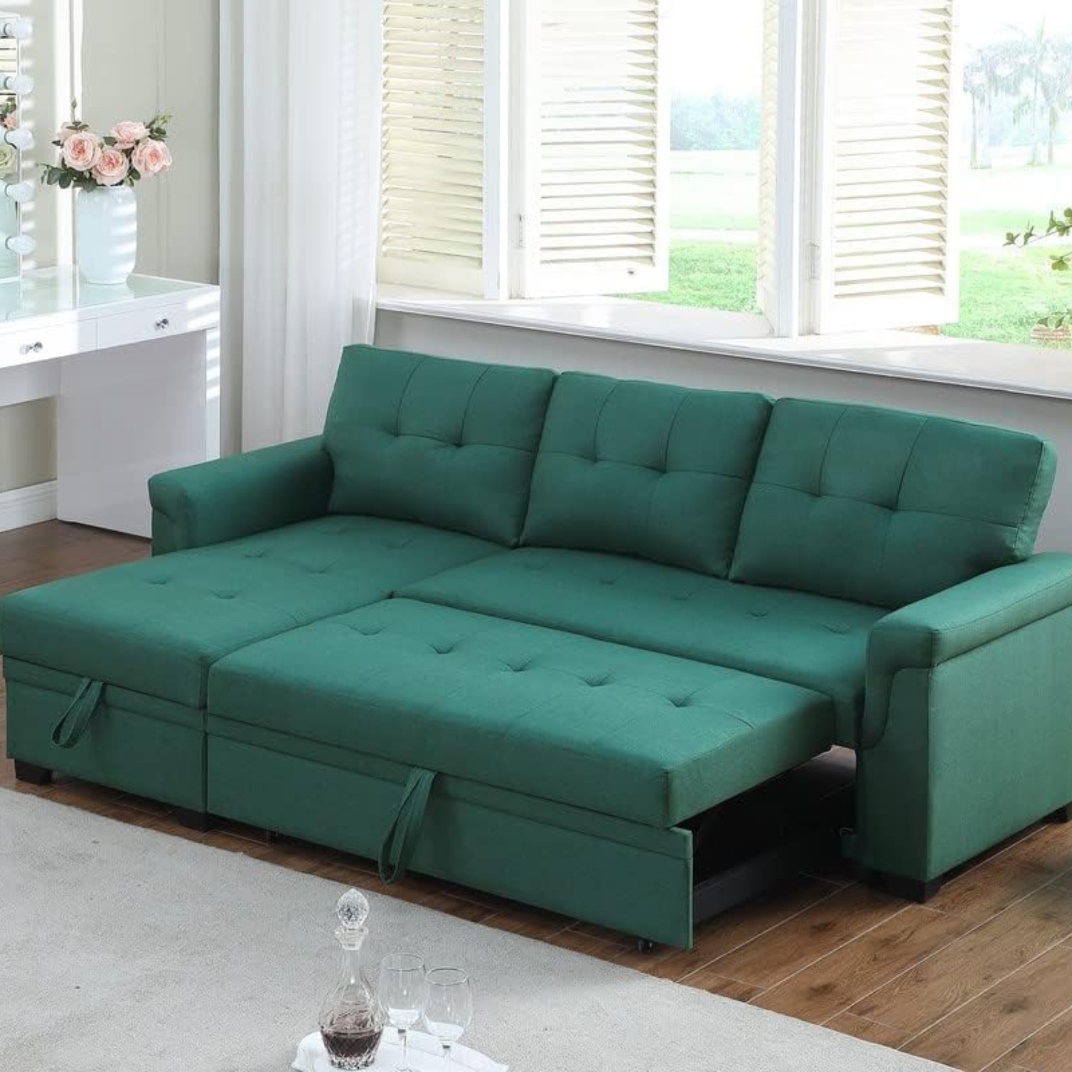Lucca Green Linen Tufted Two Piece Sectional Sofa with Storage