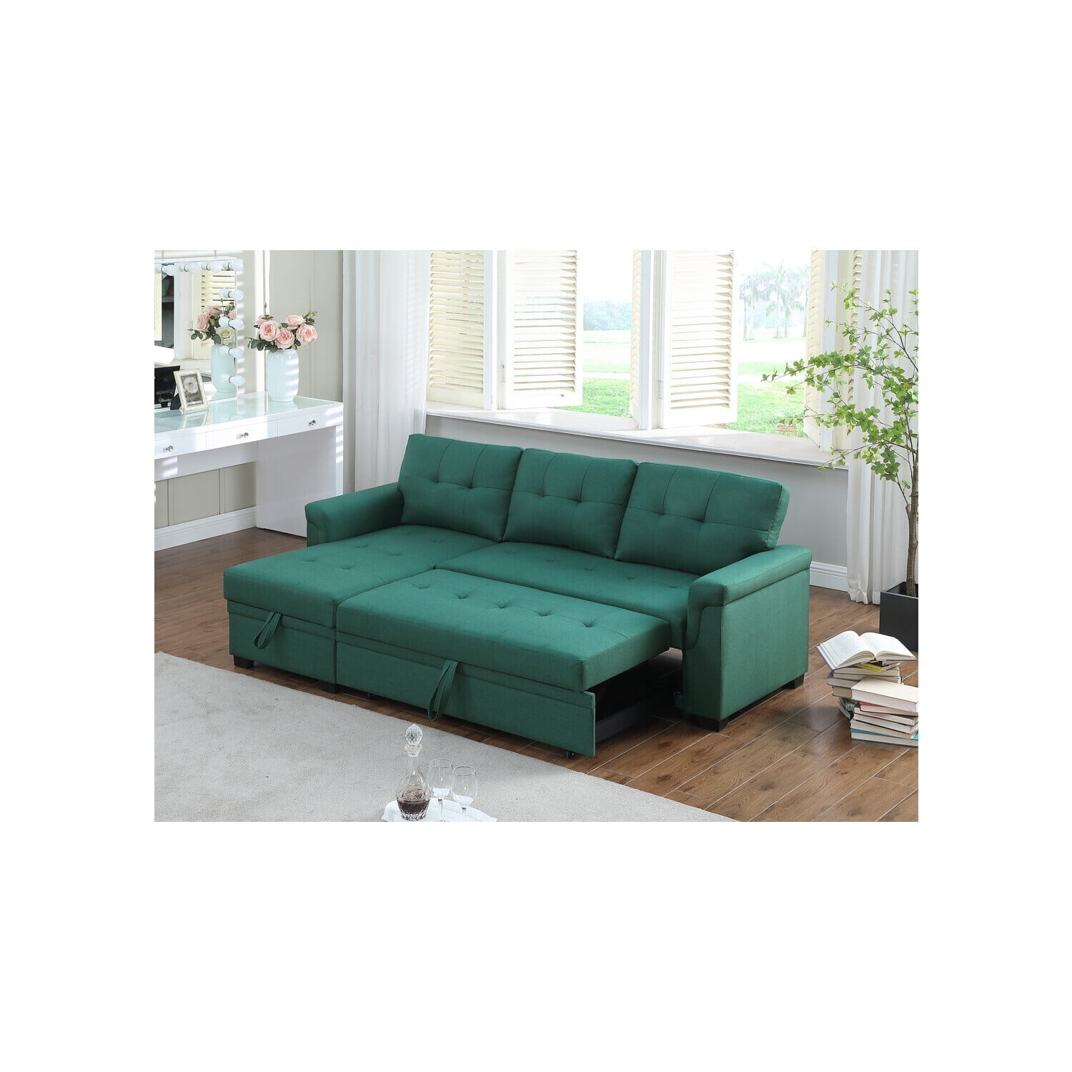 Lucca Green Linen Fabric Reversible Sleeper Sectional Sofa with Storage ...