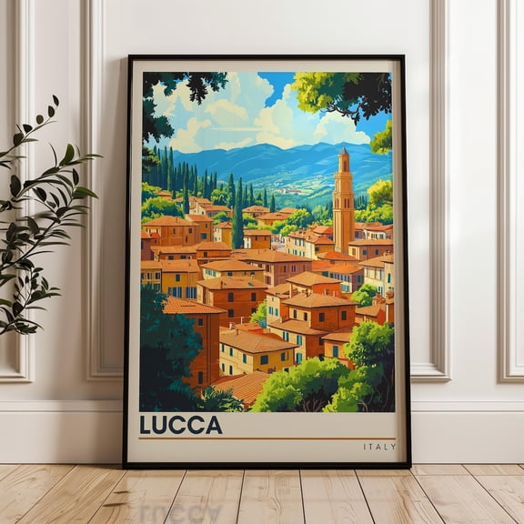 Lucca Italy Travel Print, Tuscany Old Town Illustration, Unframed Paper Poster 16x20in