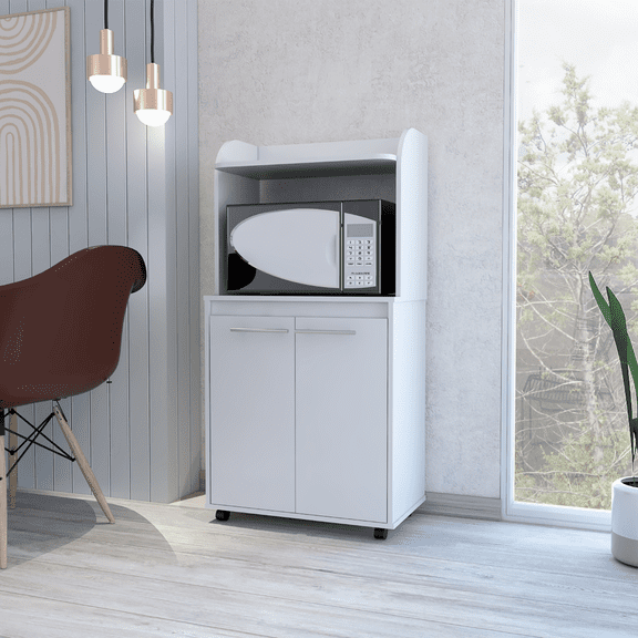 Lucca Kitchen Cart, Two Door Cabinet, One Open Shelf, Two Interior Shelves, White