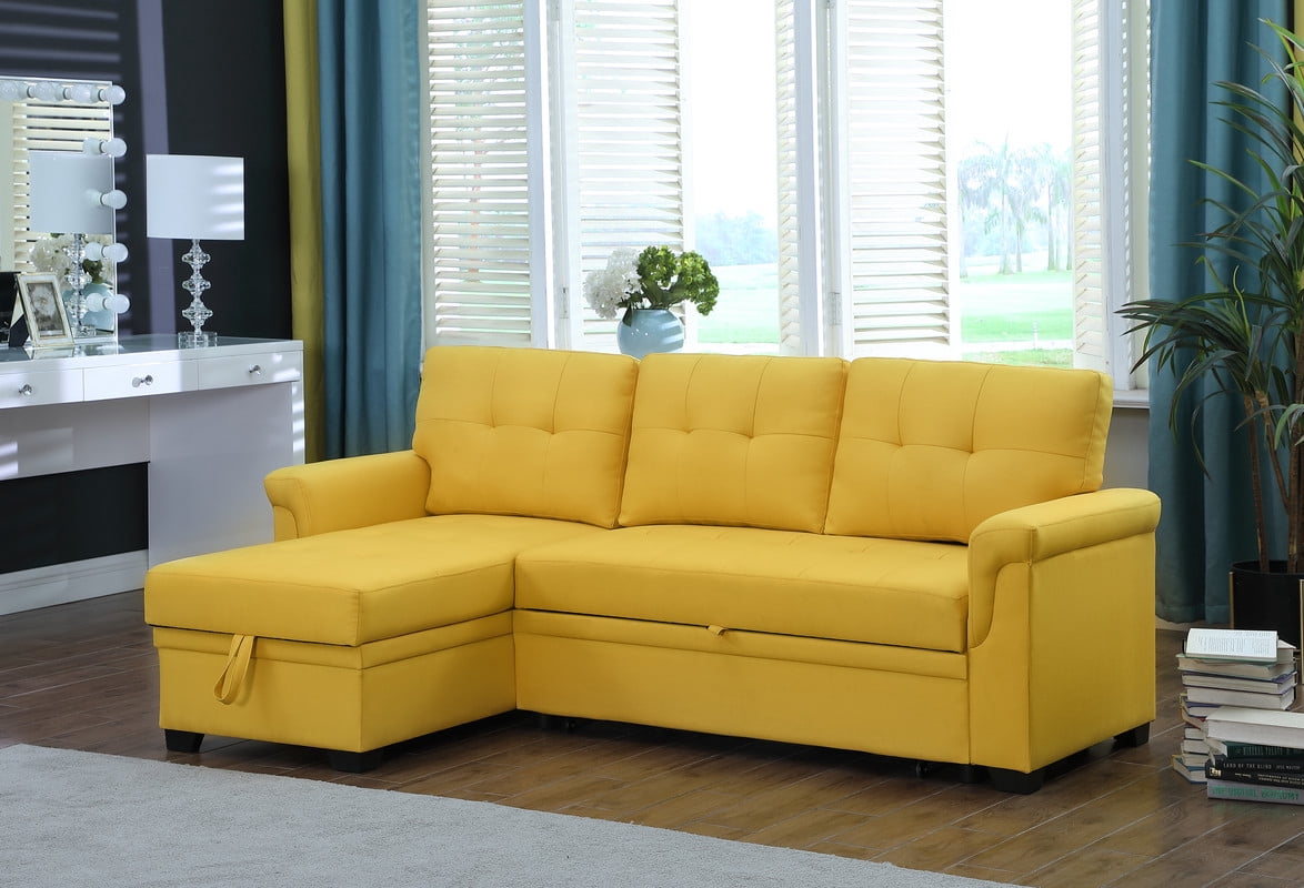 Lilola Home Lucca Yellow Linen Fabric Reversible Sleeper Sectional Sofa ...