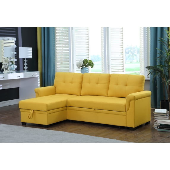 Lucca 84" Yellow Linen Fabric Reversible Sleeper Sectional Sofa w/Storage Chaise