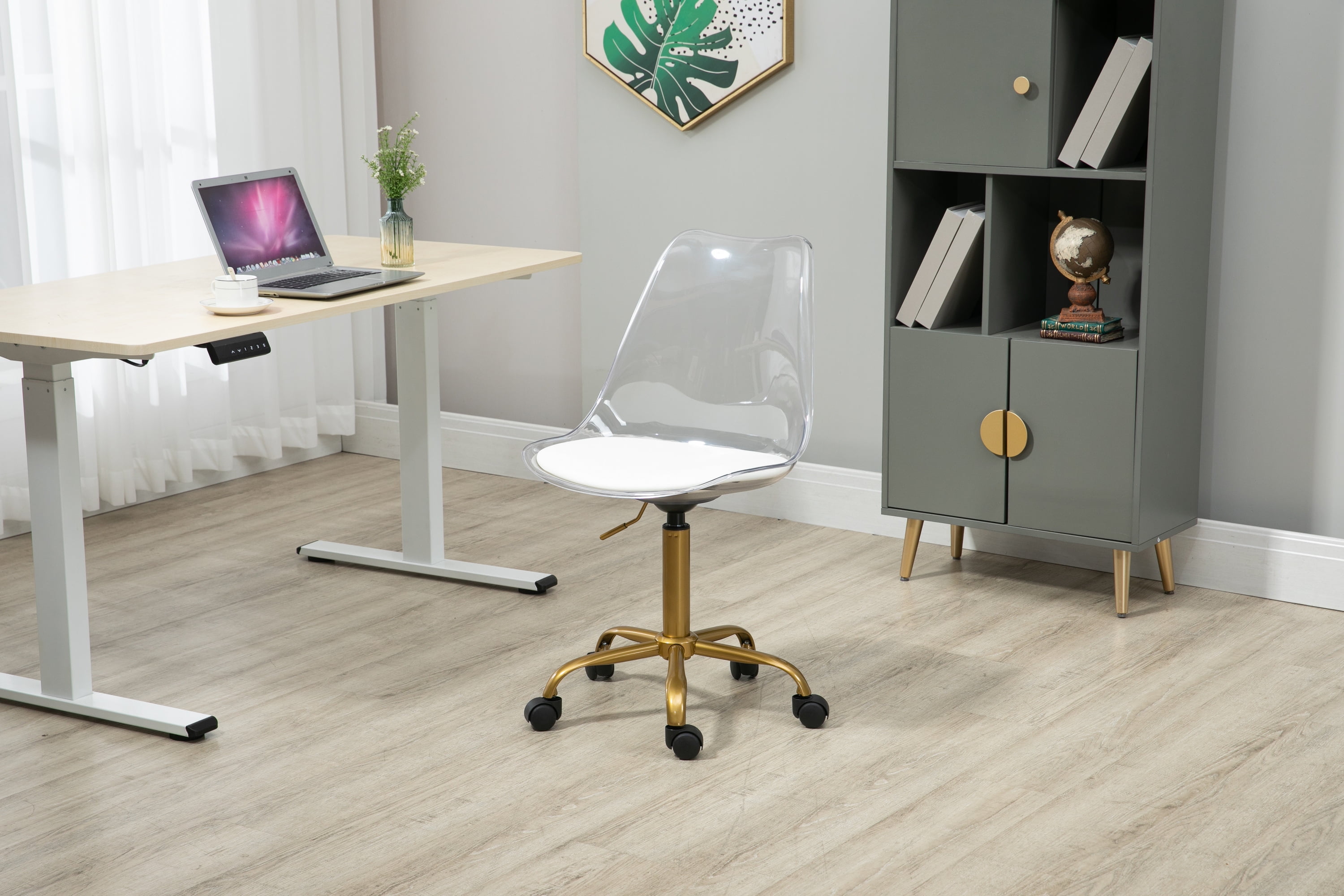 Luccalily Clear Acrylic Rolling Chair With Cushion,Modern Small Cute Armless Vanity Rolling Plastic Chair Home Office Lucite Ghost Chairs Cushion Padded with Adjustable Height and Golden Wheels