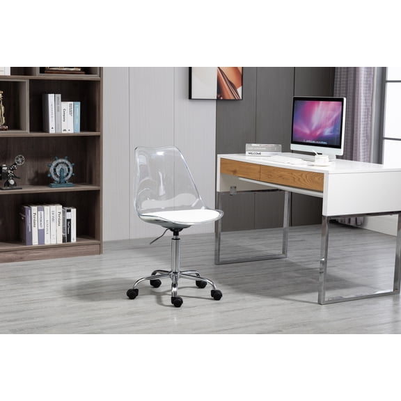 Luccalily Clear Acrylic Rolling Chair With Cushion,Modern Small Cute Armless Vanity Rolling Plastic Chair Home Office Lucite Ghost Chairs Cushion Padded with Adjustable Height and Wheels