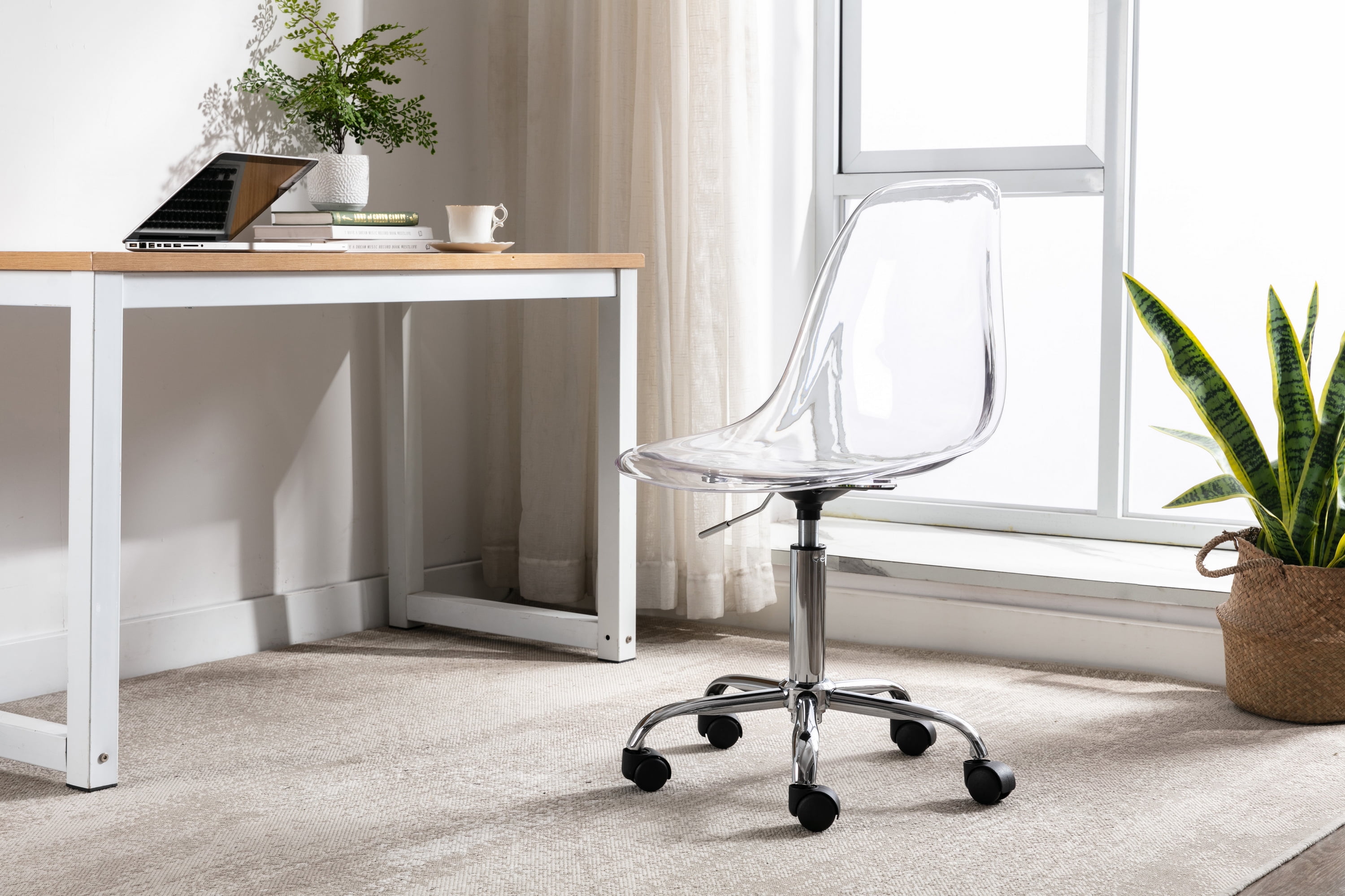 Luccalily Clear Acrylic Rolling Chair,Modern Small Cute Armless Vanity Rolling Plastic Chair Home Office Lucite Ghost Chairs with Adjustable Height and Wheels