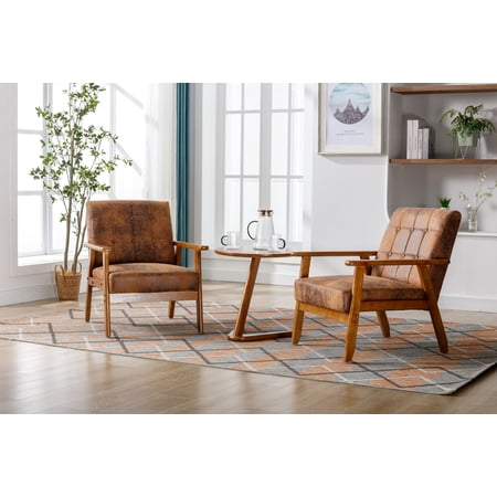 Luccalily Mid-Century Wood Solid Print Armchair with Side Table, Coffee PU (Set of 2)