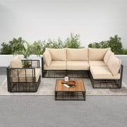 Luccalily Patio Sectional Conversation Sofa Sets with Coffee Table, All Weather Wicker Rattan Couch Sofa with Beige Waterproof Cushion for Garden, Lawn, Porch