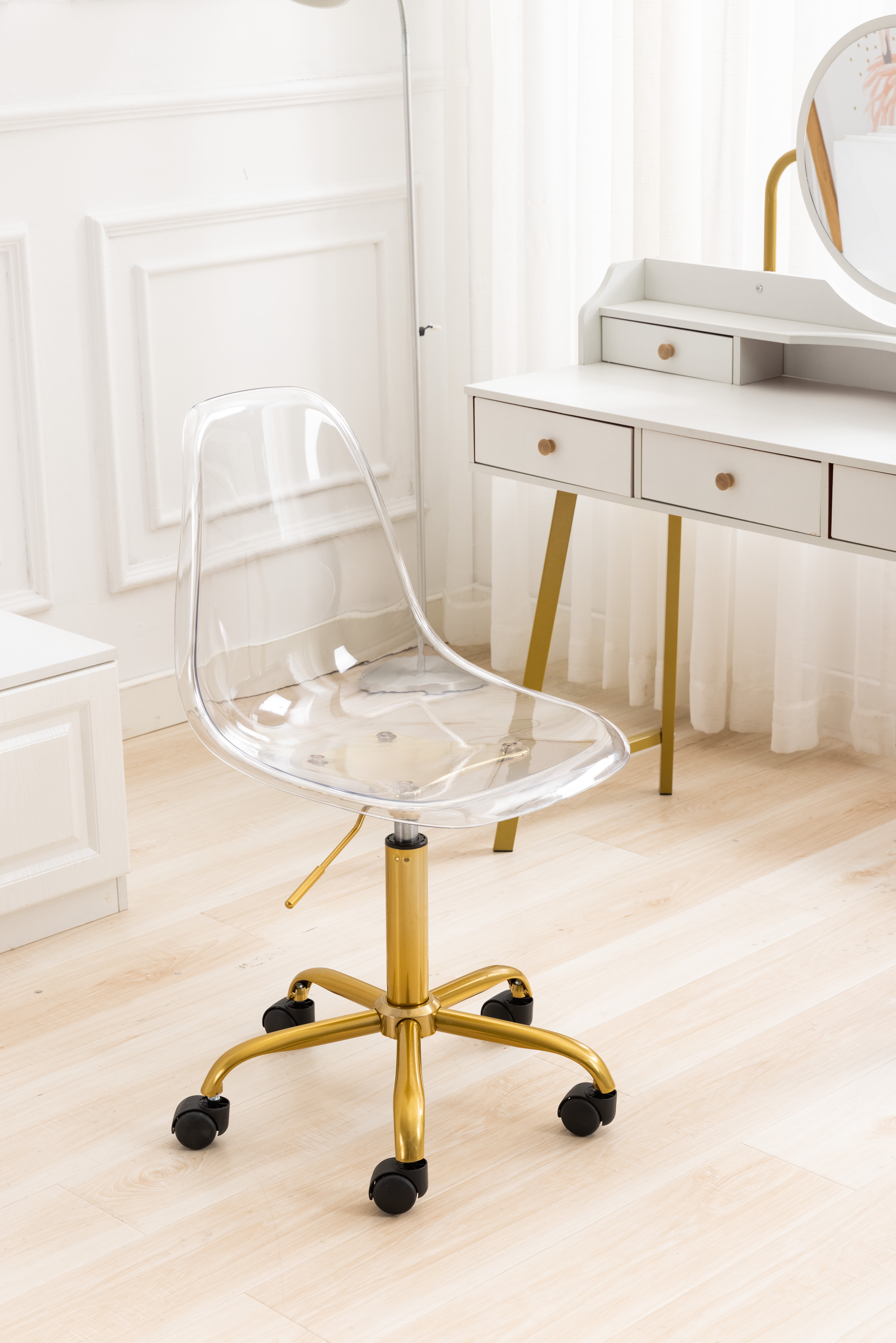 Luccalily Swivel Accent Chairs, with Wheels and Adjustable Height, Clear with Golden Wheels