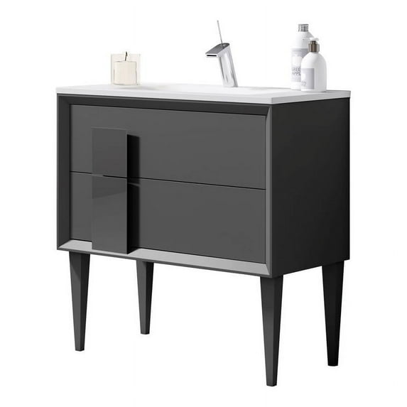 Lucena Bath Decor Cristal 24" Ceramic Sink Wood Freestanding Vanity in Gray