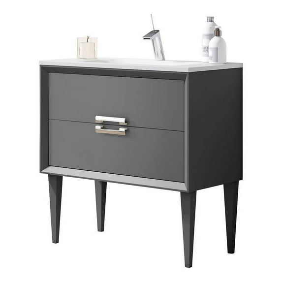 Lucena Bath Decor Tirador 24" Ceramic Sink Wood Freestanding Vanity in Gray