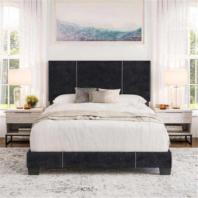 Lucena Black Velvet Queen Size Upholstered Bed Frame with Headboard