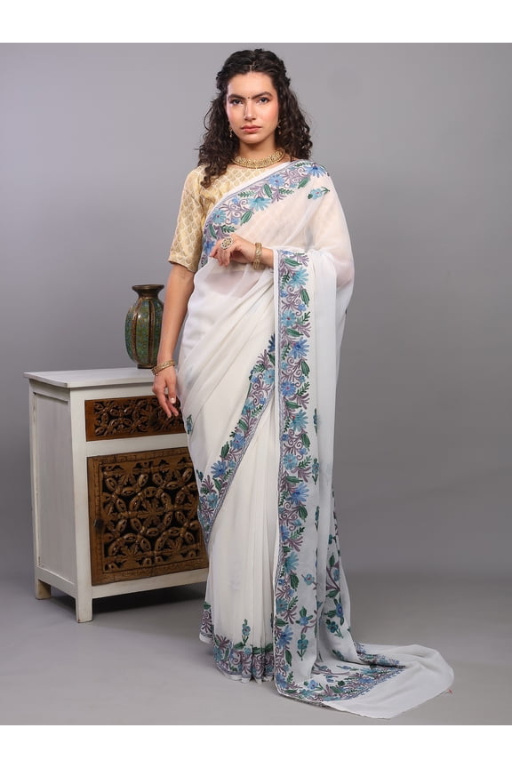 Lucent-White Georgette Saree with Aari Embroidered Floral Motifs from Kashmir
