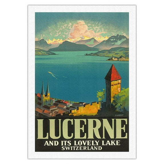 Lucerne And Its Lovely Lake Switzerland - Vintage Travel Poster by Otto Landolt c.1930s - Fine Art Rolled Canvas Print 27in x 40in