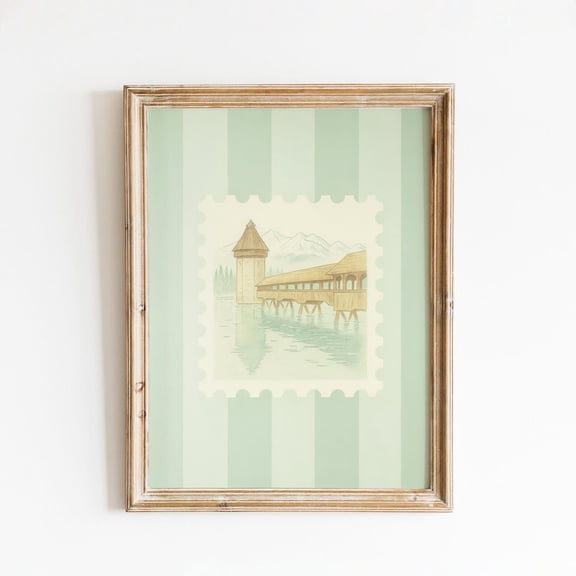 Lucerne Bridge Swiss Alps Stamp Wall Decor Unframed Paper Print
