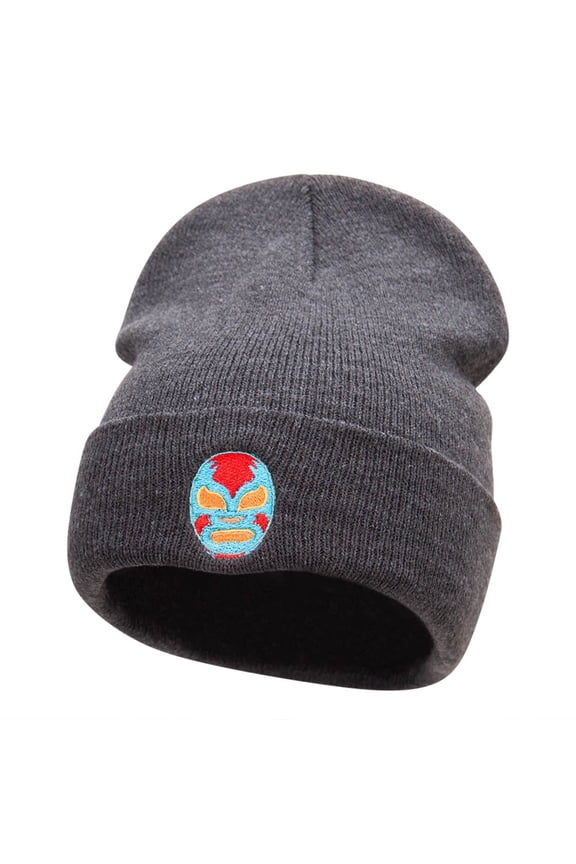 Luchador Mask Face Embroidered Long Knitted Beanie - Heather Charcoal OSFM