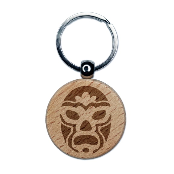 Luchador Mexican Wrestler Mask Lucha Libre Round Keychain Charm Tag - Engraved Wood