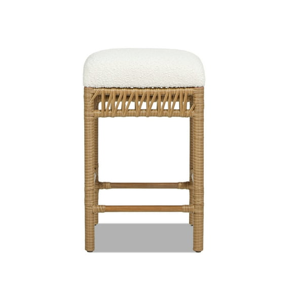 Lucia 25.5" Backless Upholstered Counter Stool with Resin Rattan Frame,Ivory White Boucle,White Wood+Fabric+Rattan Furniture Dining Seating for Dining
